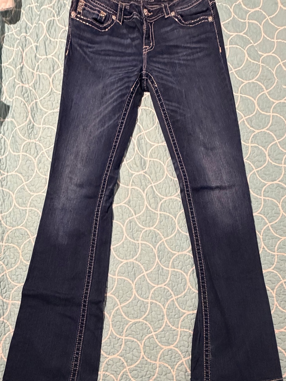 Miss Me Dark Indigo High-Rise Flare Jeans with Contrast Stitching
